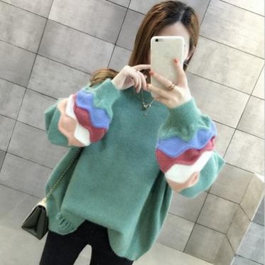 外贸秋冬春季新款毛衣女拼接针织宽松学生百搭韩版长袖优质打底衫